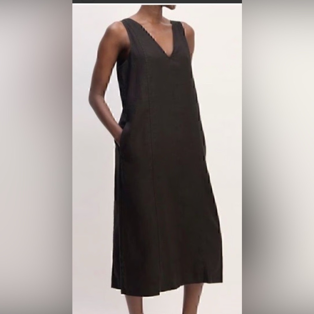 NWT EVERLANE 100% Linen V-Neck Midi Dress Pockets size 14